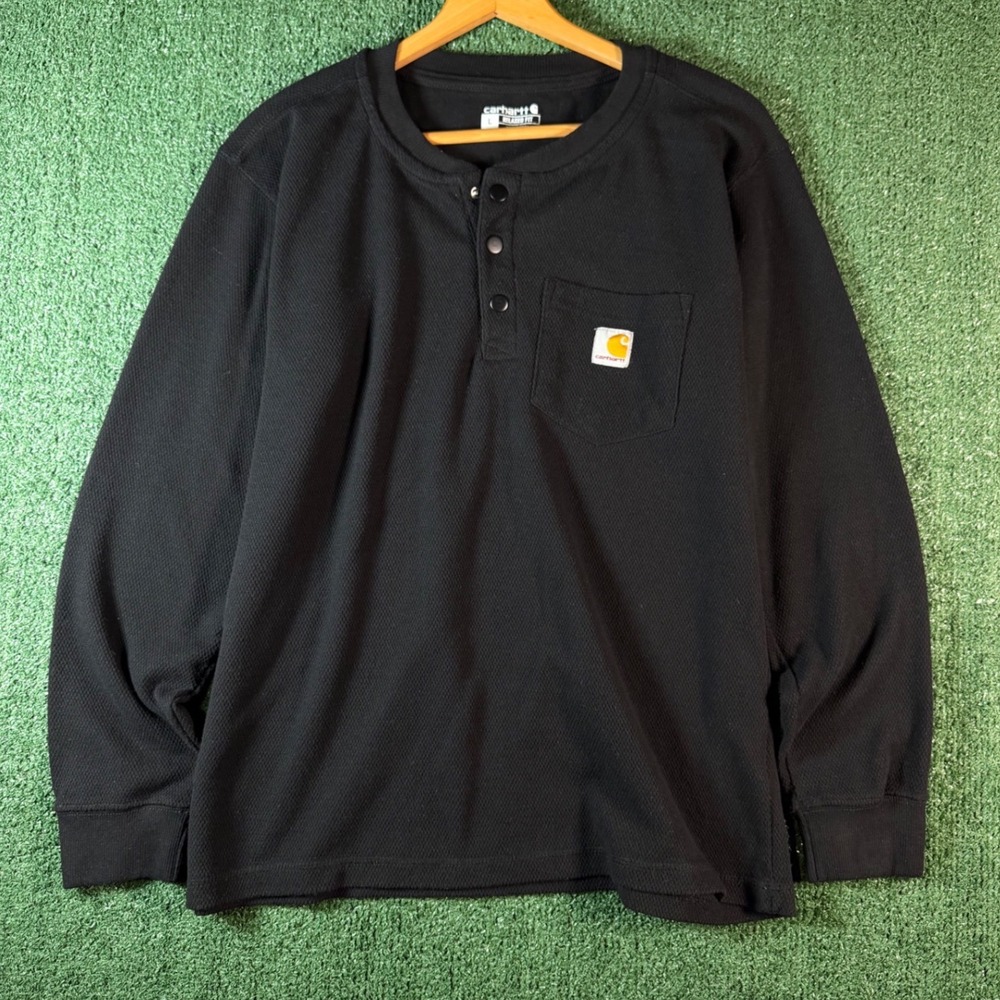 Carhartt Henley Shirt Mens L Black Excellent Relaxed Fit Waffle Knit TK4429-M